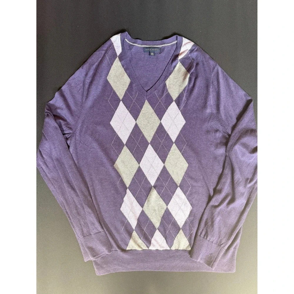Banana Republic Men Purple Argyle Silk Cashmere Blend Sweater XL Y2K Preppy Golf